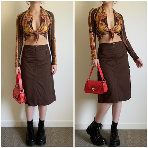 Vintage Dresses & Skirts - Y2K 90s Vintage Brown Cotton Utility Tech Cargo A-Line Midi Length Skirt